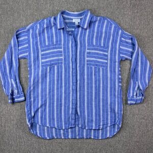 J Jill Love Linen Blue Striped Button Up Shirt Medium Lightweight